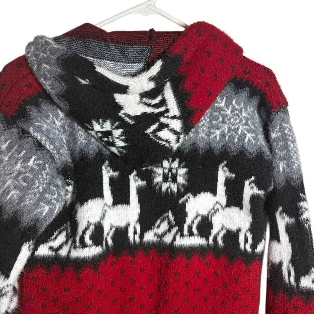 Boys Alpaca Wool Hooded Sweater Jacket Llama Drawstring Hem Red Black size 10